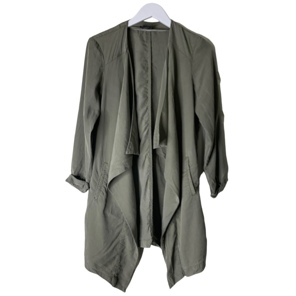 MATTESON Olive Green Tencel Waterfall Cascade Open Front Draped Jacket S